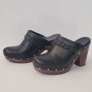 UGG Kaylee leather clog studded mules, black shearling size 9